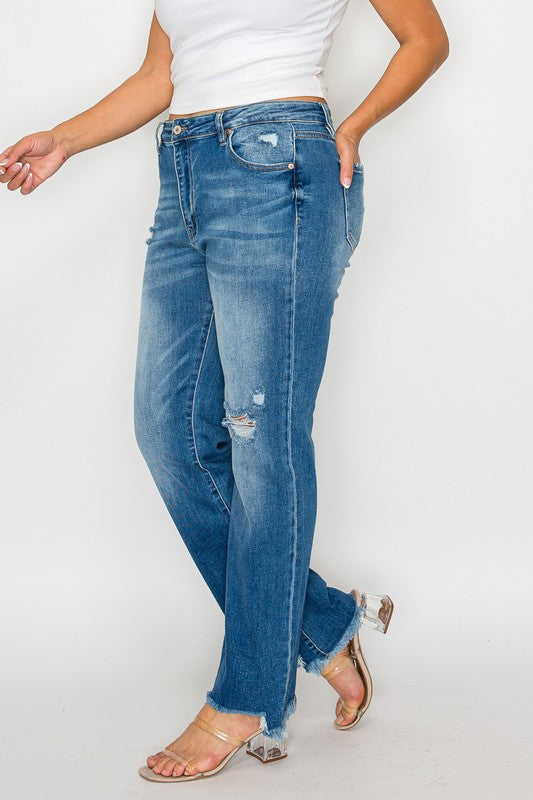 bytos Full Size Raw Hem Distressed Mid Rise Straight Jeans - Charming Charlie