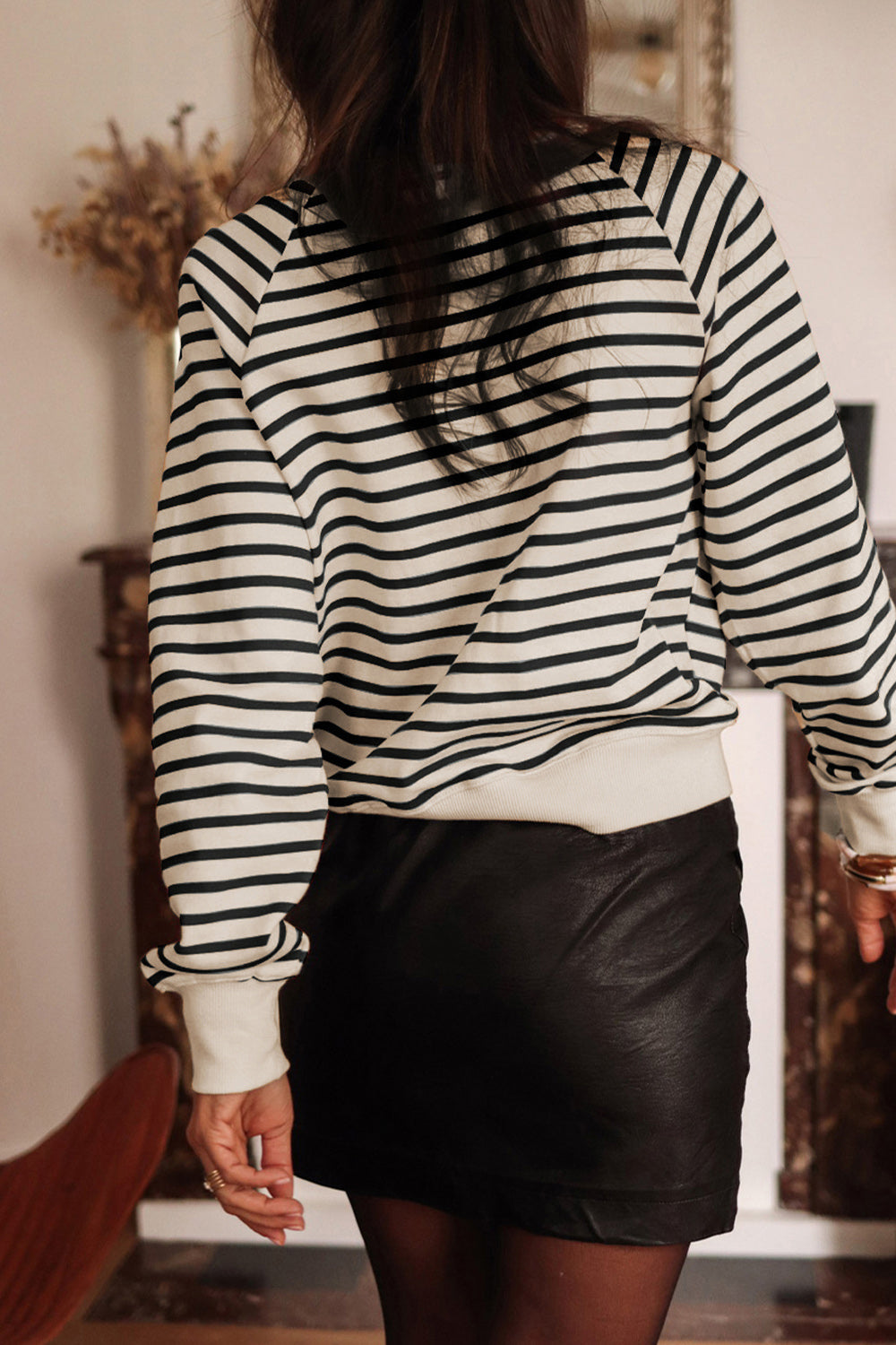 Decorative Button Striped Long Sleeve Sweatshirt - Charming Charlie