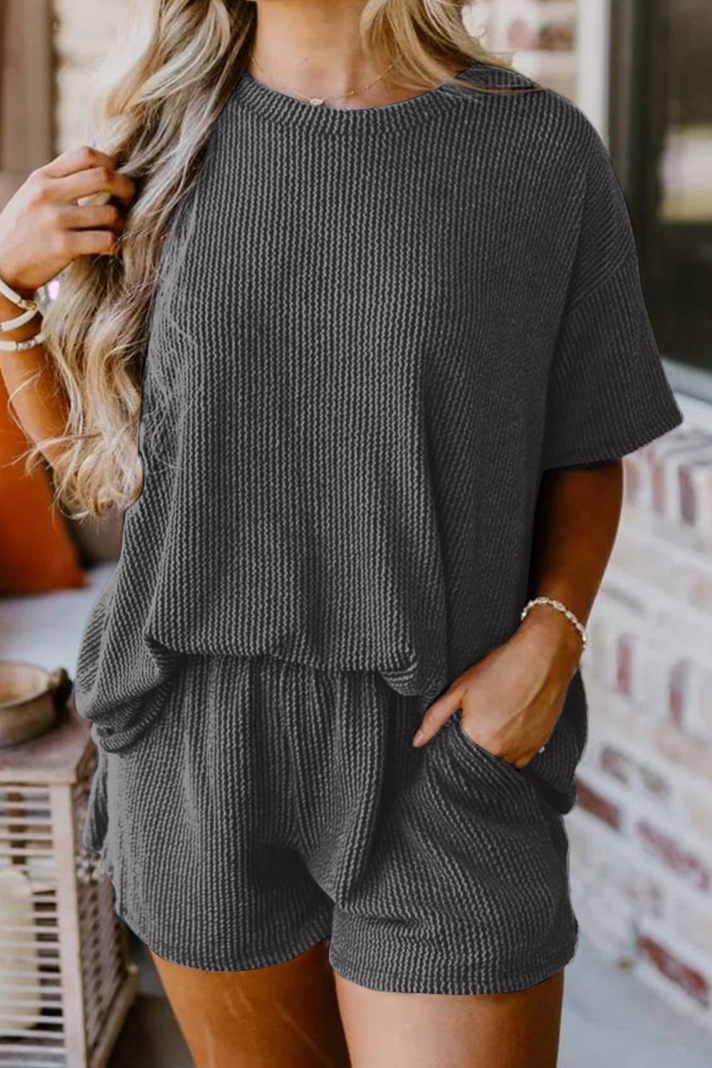 Textured Round Neck Top and Shorts Set - Charming Charlie