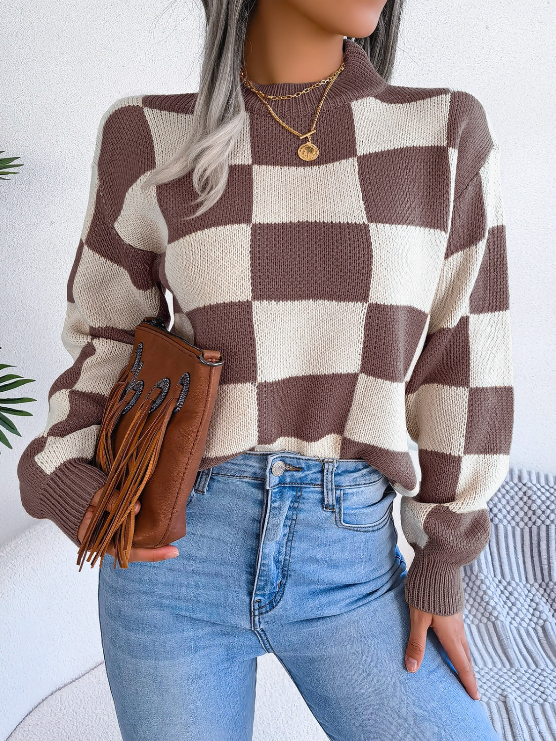 Checkered Mock Neck Long Sleeve Sweater - Charming Charlie