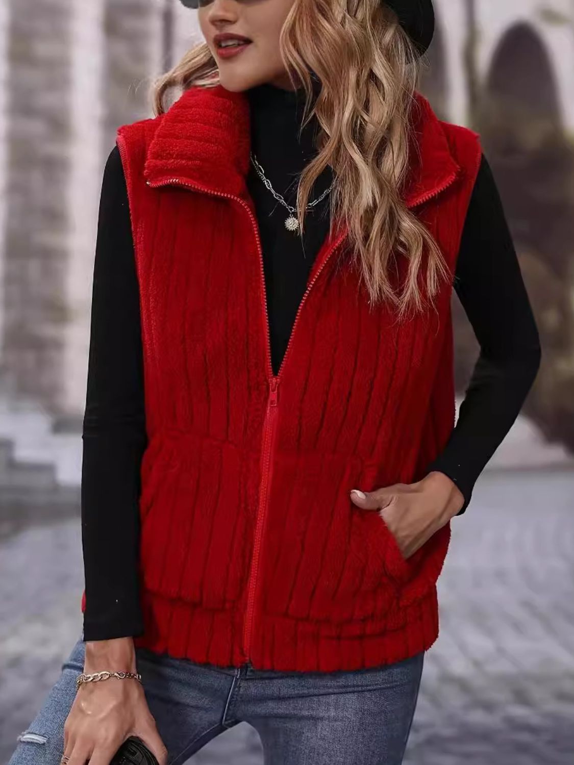 Pocketed Zip Up Vest Coat - Charming Charlie