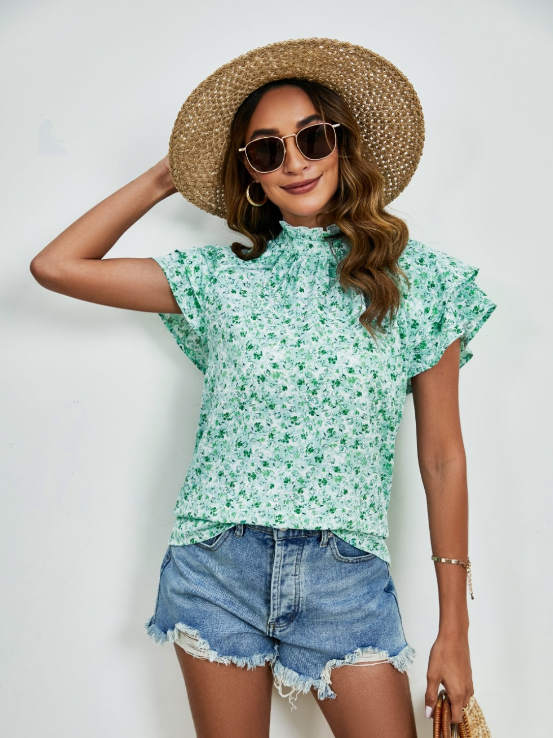 Ditsy Floral Mock Neck Flounce Sleeve Blouse - Charming Charlie
