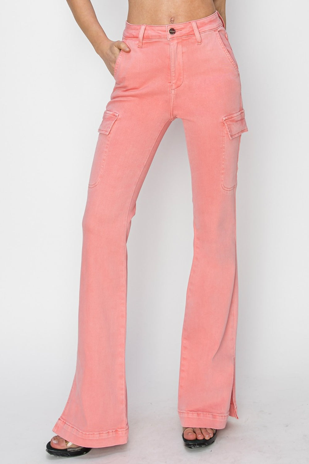 RISEN Full Size High Rise Side Slit Cargo Bootcut Jeans - Charming Charlie