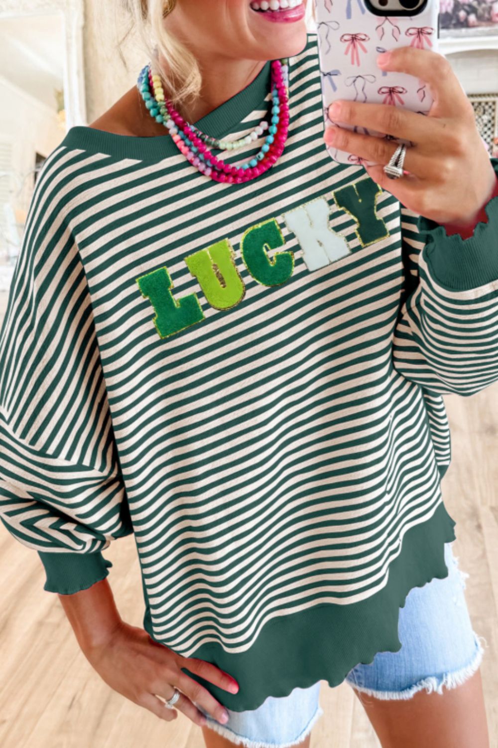 LUCKY Striped Round Neck Long Sleeve Sweatshirt - Charming Charlie