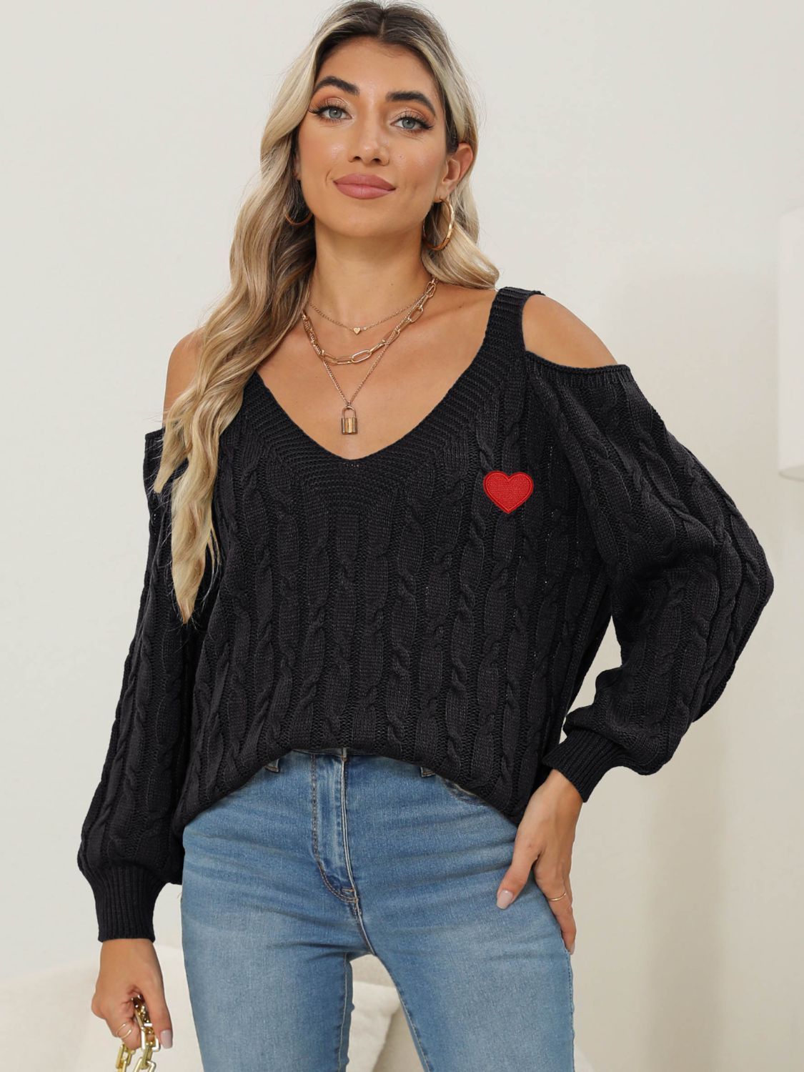 Cable-Knit Heart V-Neck Sweater - Charming Charlie