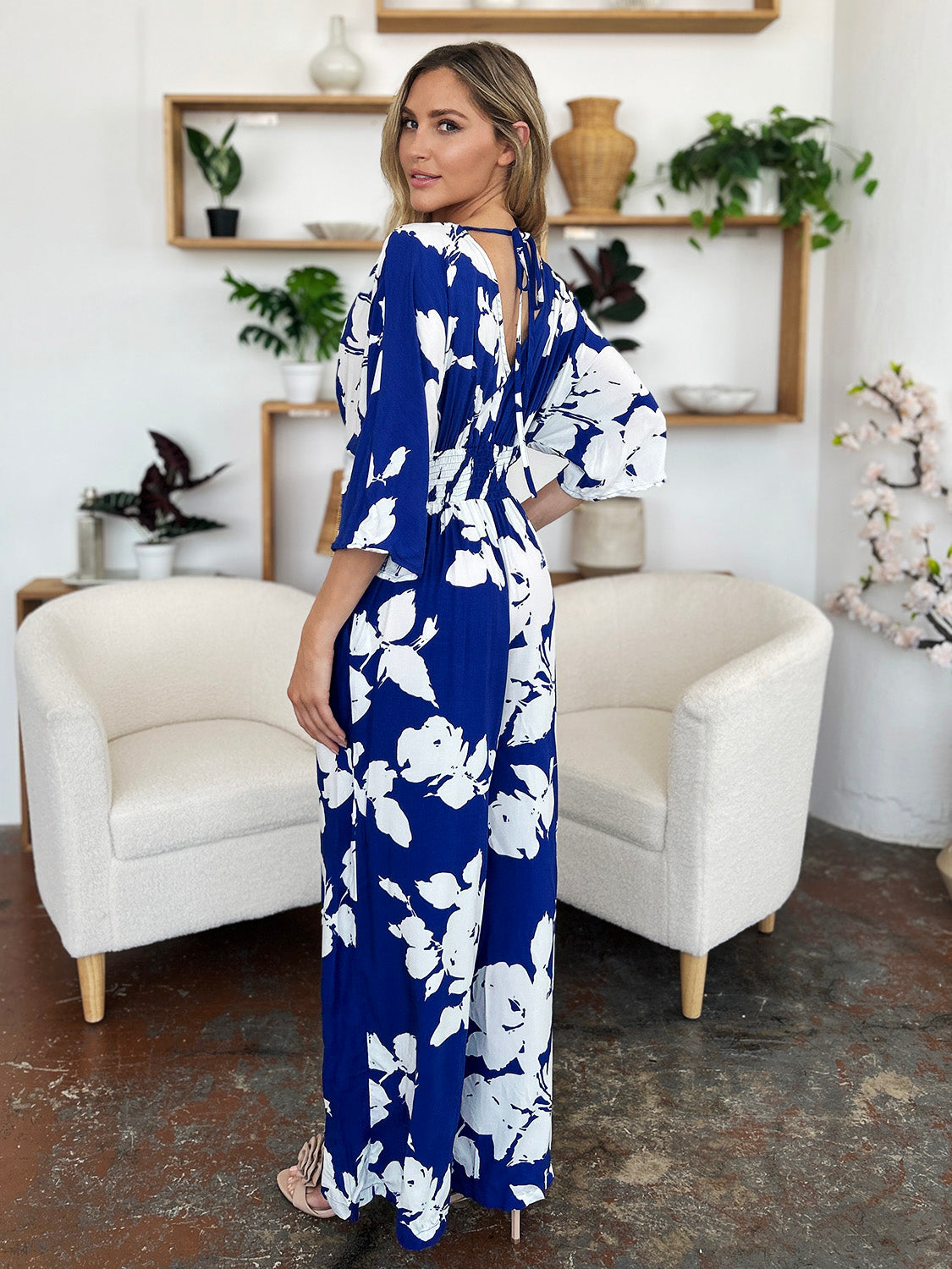 Double Take Full Size Printed Tie Back Wide Leg Jumpsuit - Charming Charlie