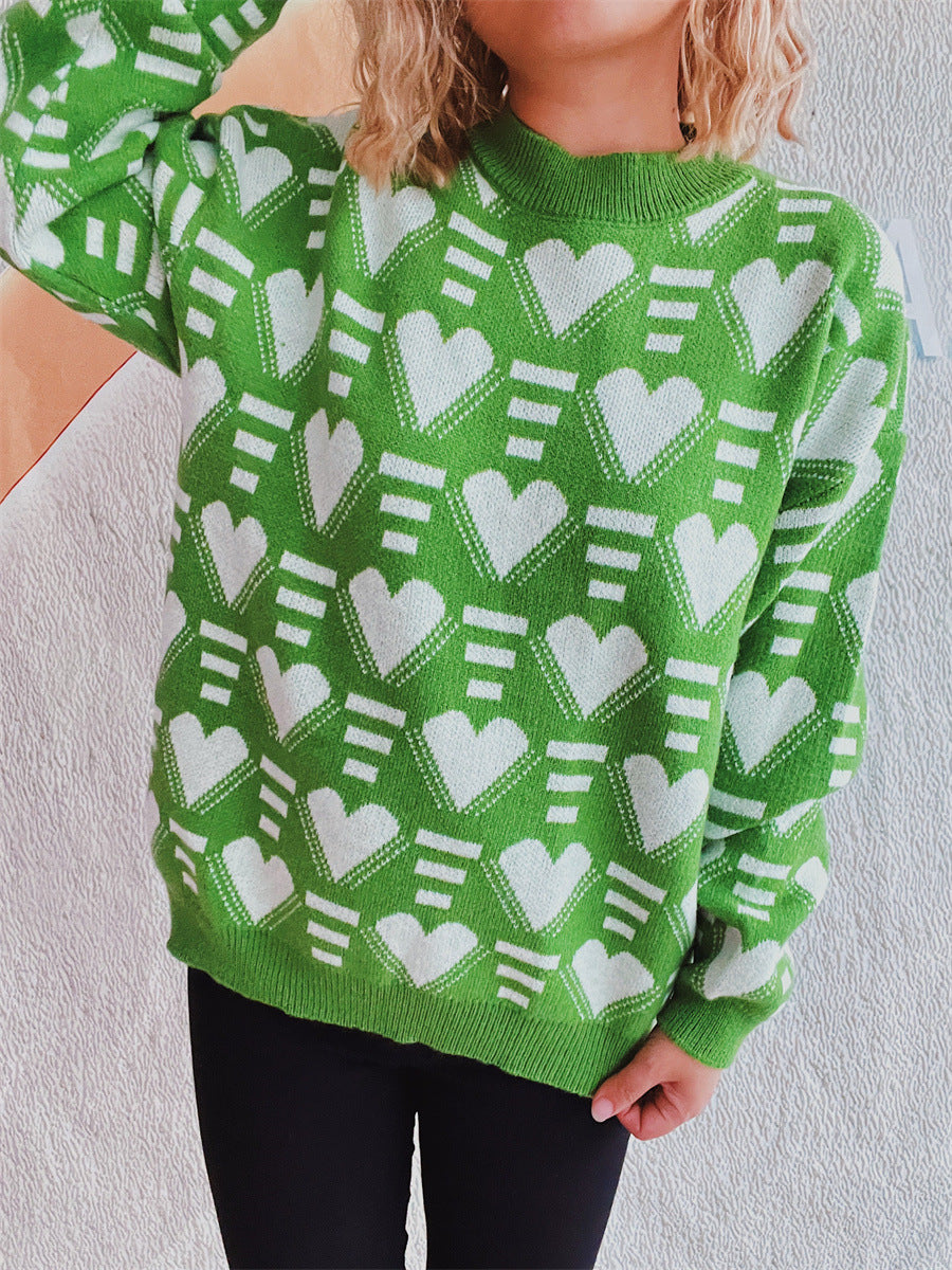 Heart Contrast Long Sleeve Dropped Shoulder Sweater - Charming Charlie