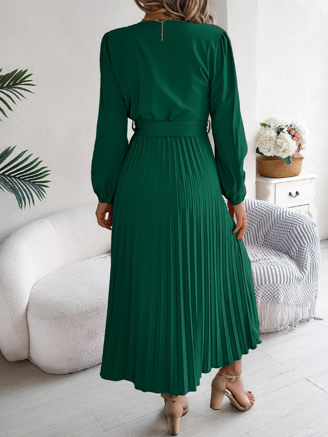 Pleated Tied V-Neck Long Sleeve Dress - Charming Charlie