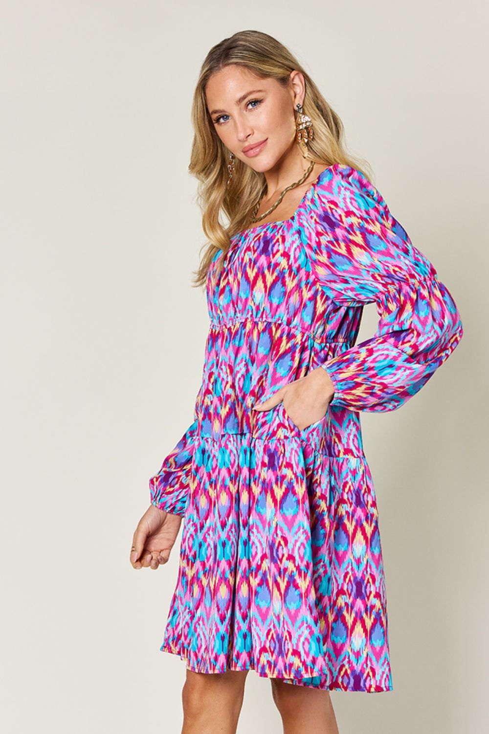 Double Take Full Size Printed Long Sleeve Dress - Charming Charlie