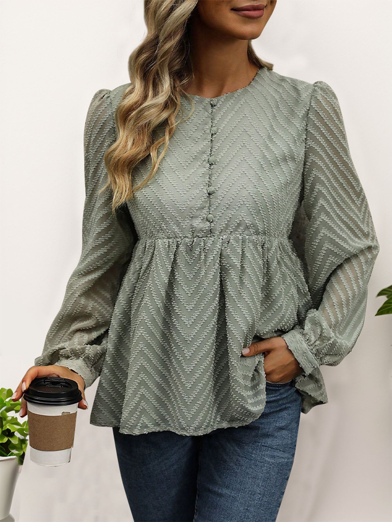 Peplum Round Neck Long Sleeve Blouse - Charming Charlie