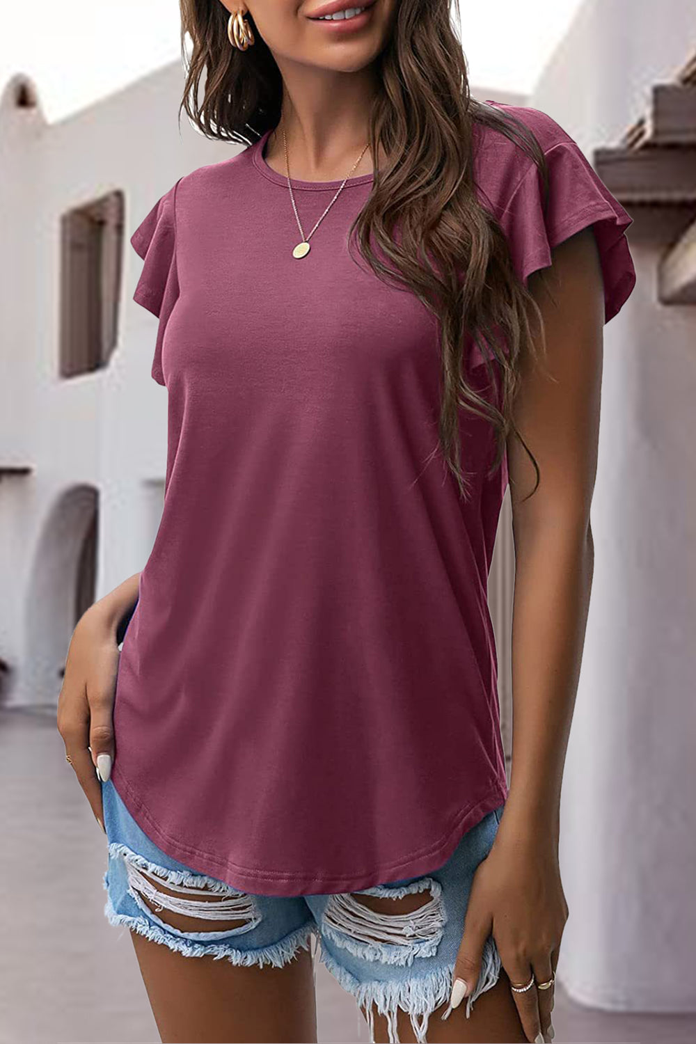 Ruffled Round Neck Cap Sleeve Blouse - Charming Charlie