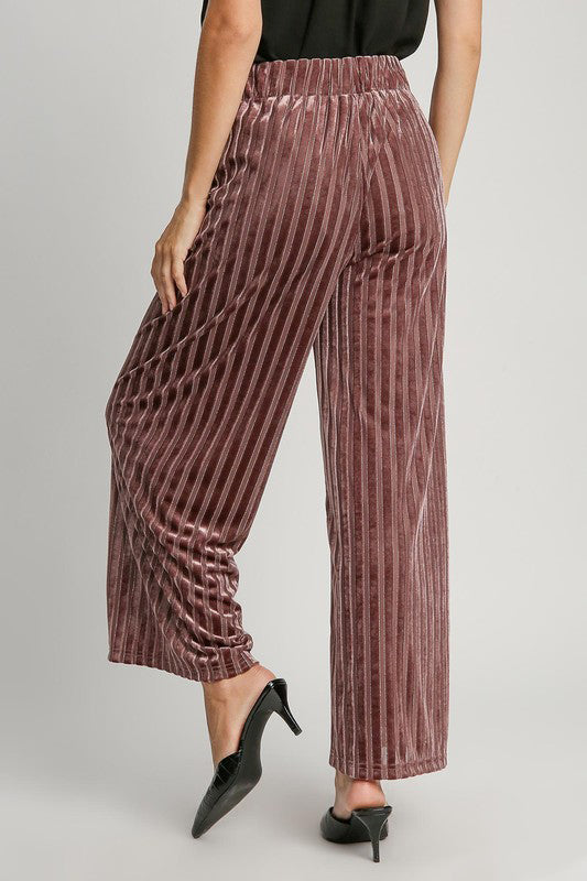 Umgee Full Size Elastic Waist Striped Wide Leg Velvet Pants - Charming Charlie