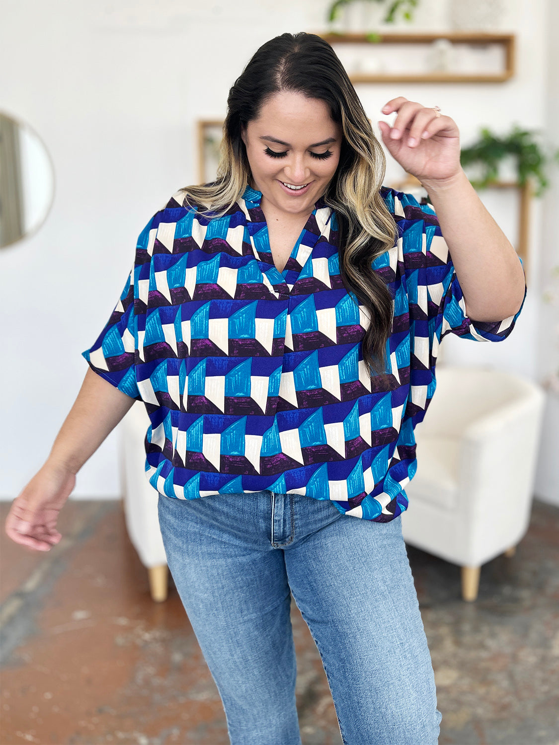 Double Take Full Size Geometric Notched Half Sleeve Blouse - Charming Charlie