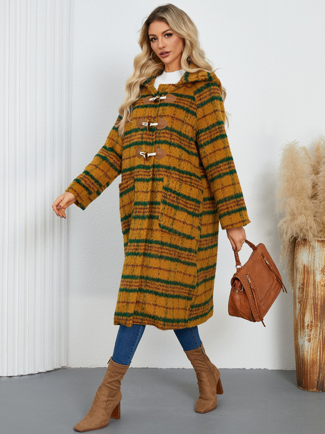 Plaid Long Sleeve Hooded Coat with Pockets - Charming Charlie