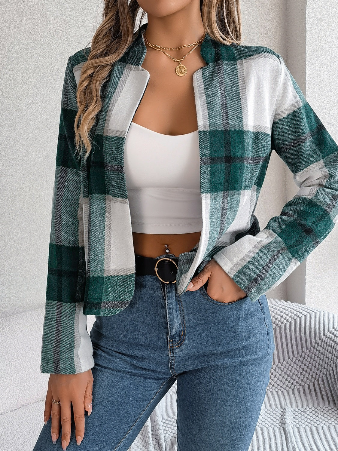 Plaid Open Front Long Sleeve Jacket - Charming Charlie