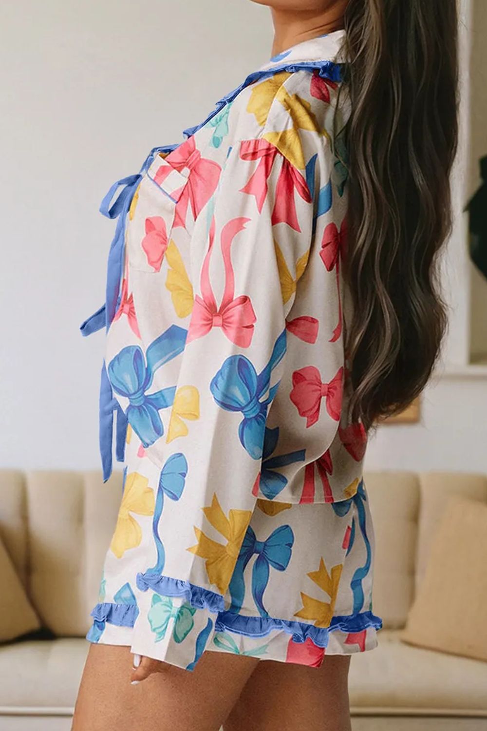 Bow Print Collared Neck Top and Shorts Lounge Set - Charming Charlie