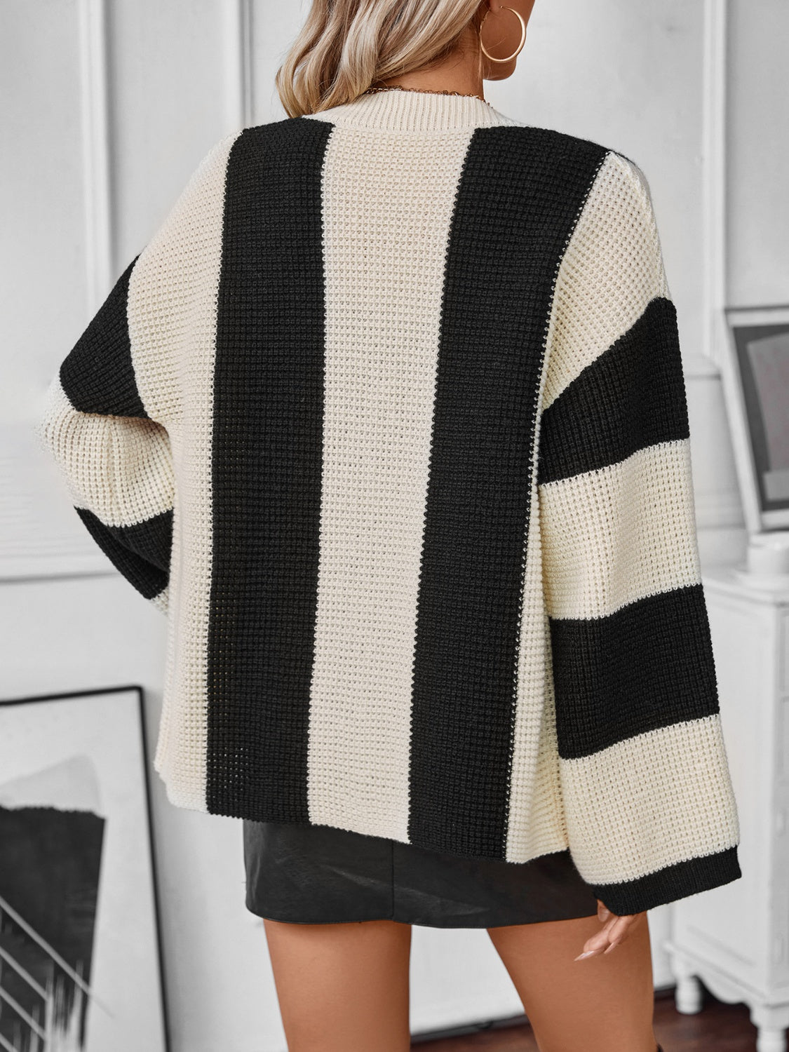Waffle-Knit V-Neck Striped Long Sleeve Cardigan - Charming Charlie