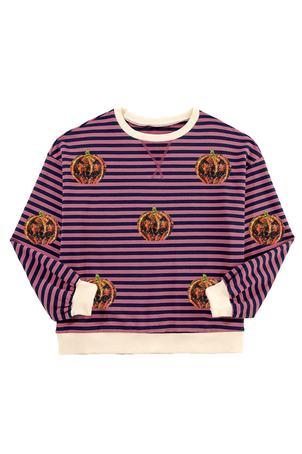 Pumpkin Striped Round Neck Long Sleeve Sweatshirt - Charming Charlie