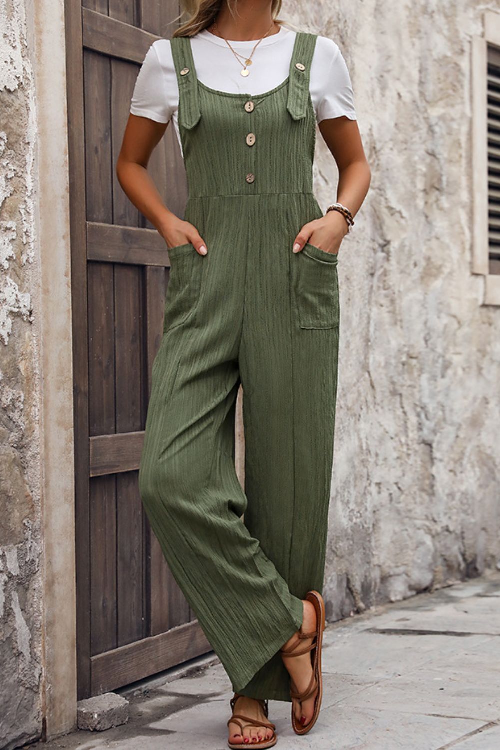 Textured Pocketed Wide Strap Overalls - Charming Charlie