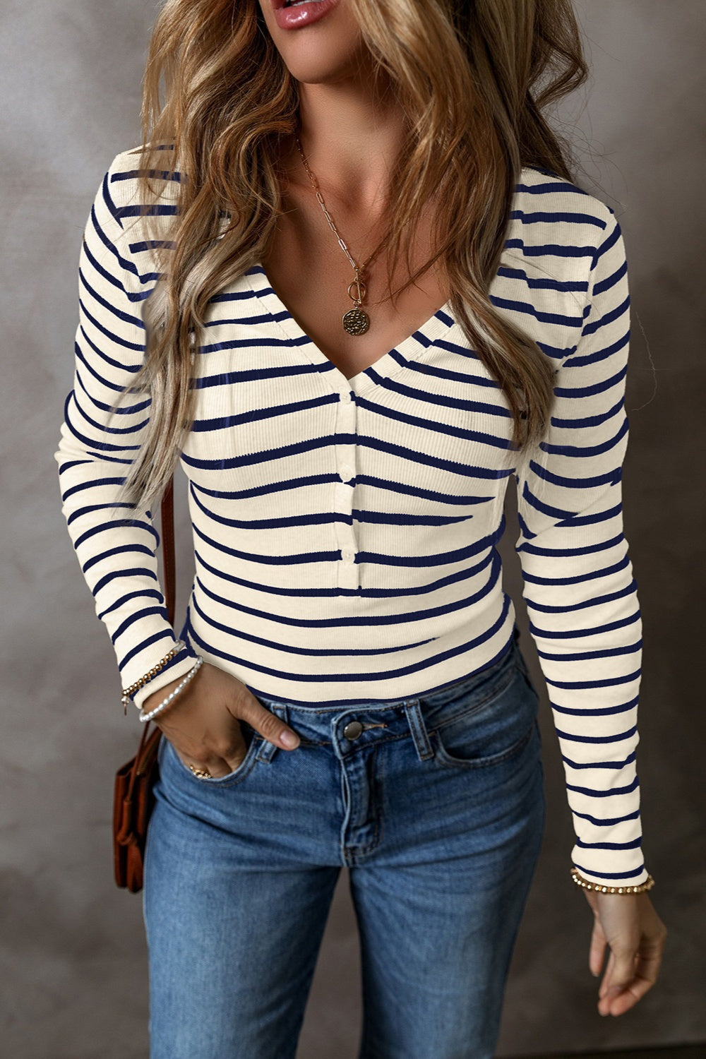 Striped V-Neck Long Sleeve Top - Charming Charlie