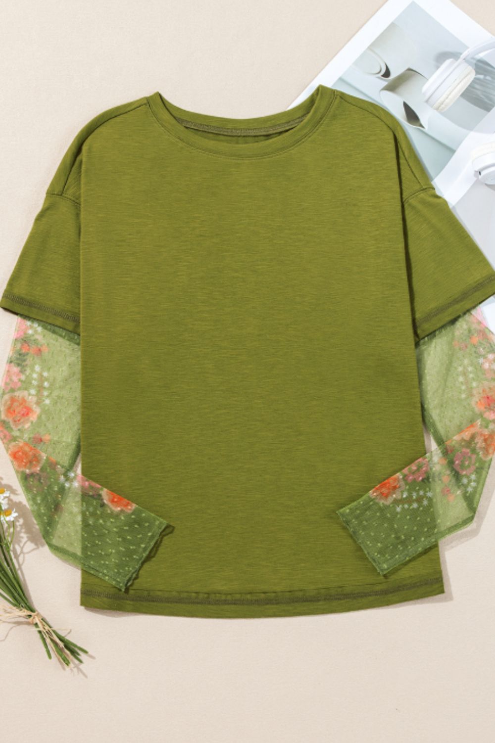 Faux Two Piece Floral Long Sleeve Patchwork Top - Charming Charlie