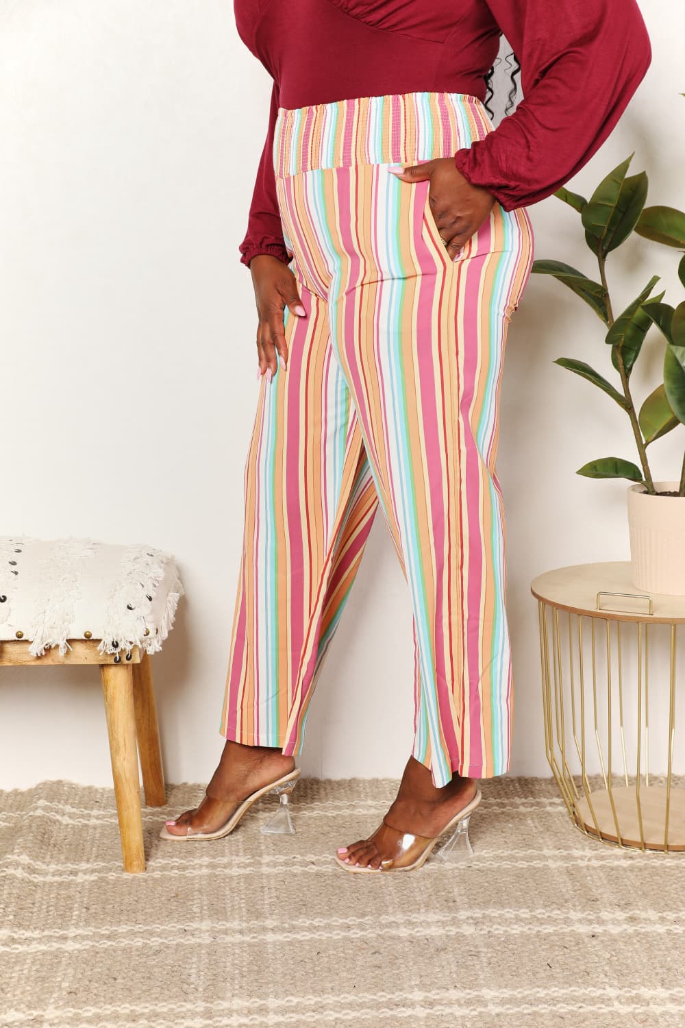 Double Take Striped Smocked Waist Pants with Pockets - Charming Charlie