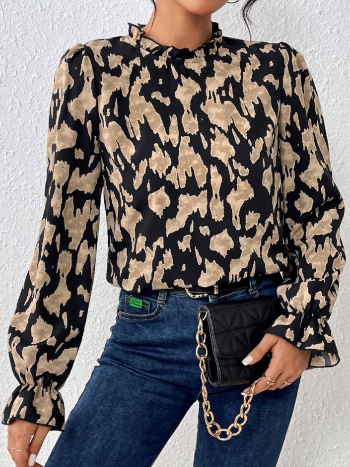 Frill Leopard Mock Neck Flounce Sleeve Blouse - Charming Charlie