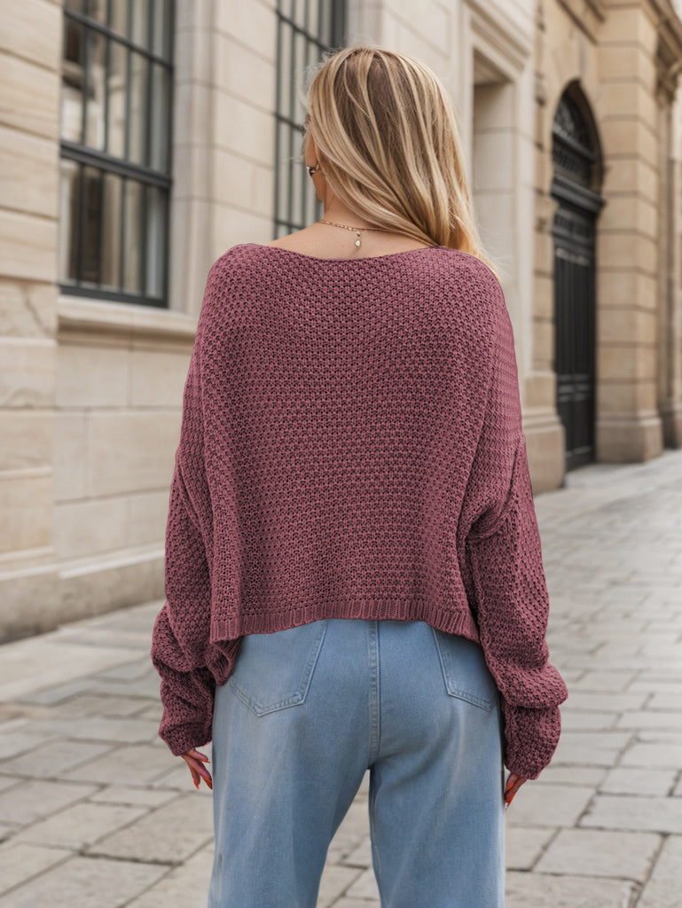 Round Neck Dropped Shoulder Long Sleeve Sweater - Charming Charlie
