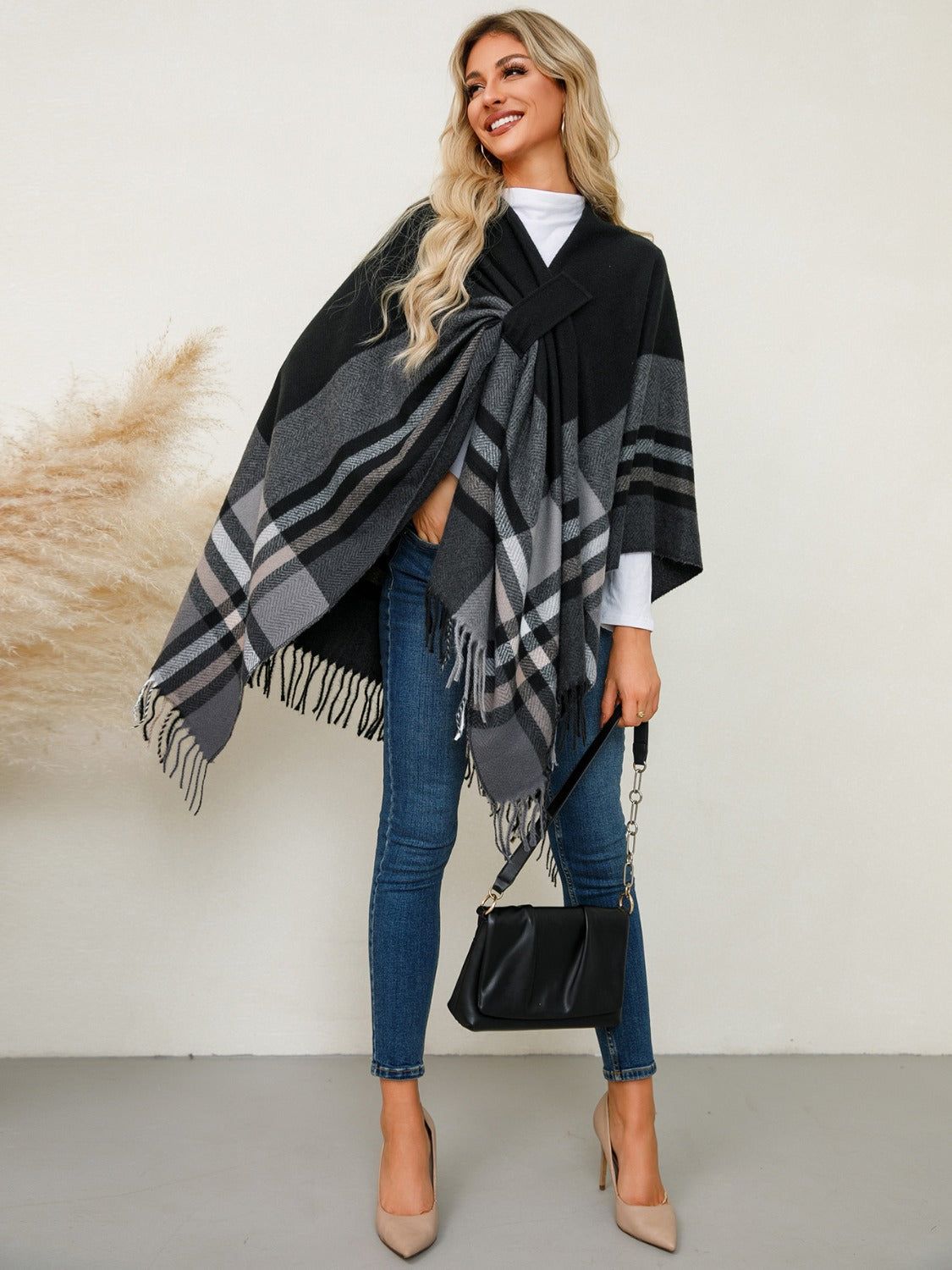 Fringe Contrast Plaid Poncho - Charming Charlie