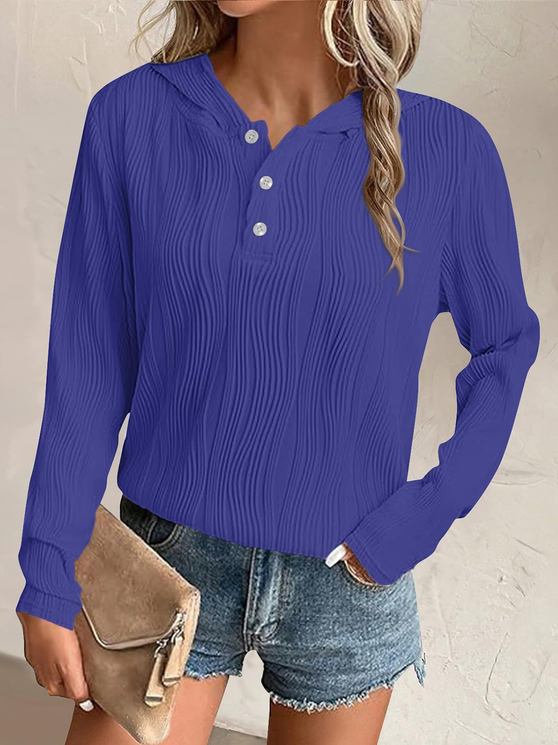 Textured Long Sleeve Hoodie - Charming Charlie