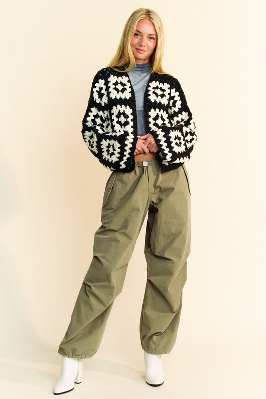 Davi & Dani Full Size Two Tone Flower Square Crochet Open Front Cardigan - Charming Charlie