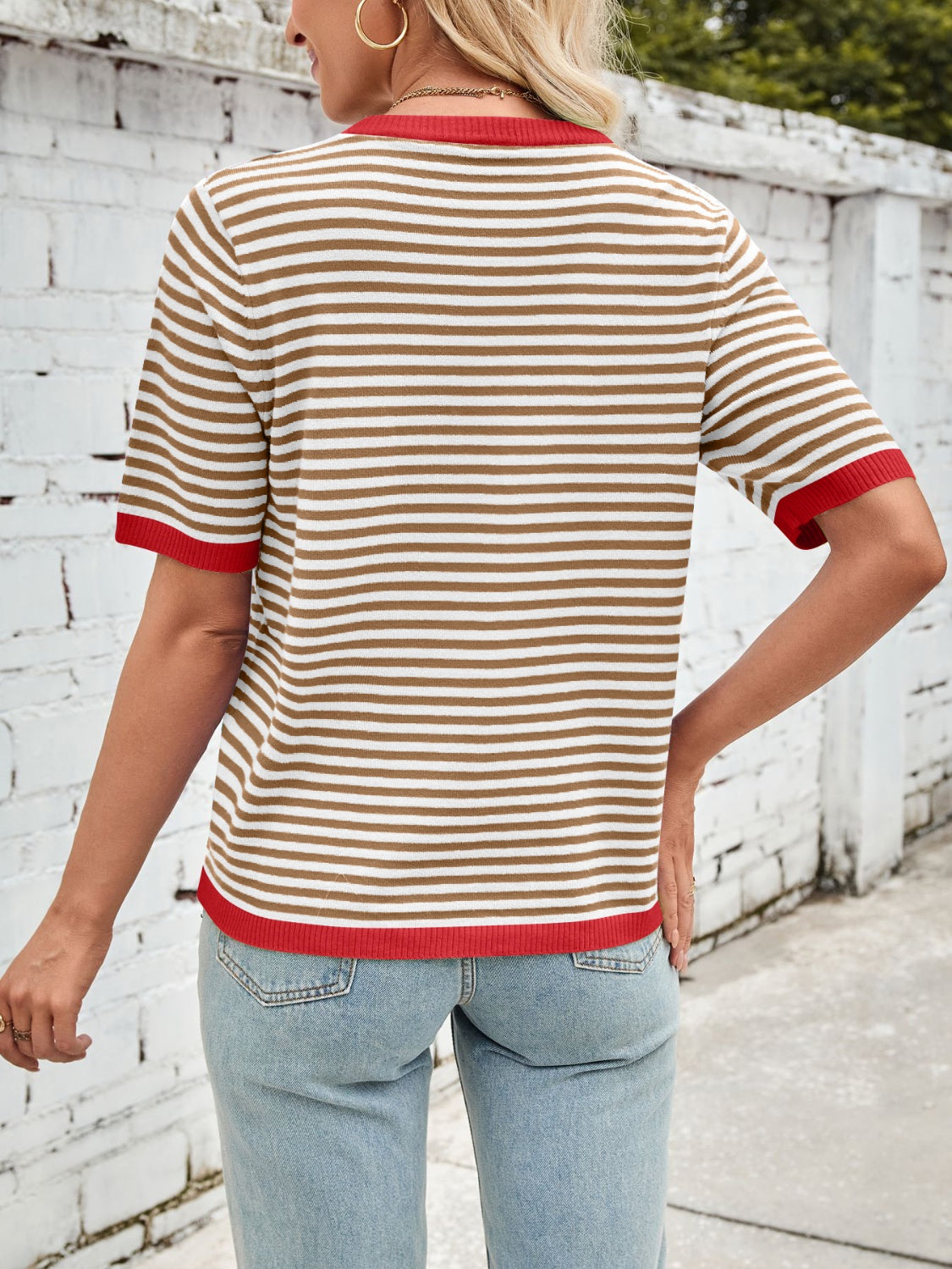 Lovelet Striped Contrast Round Neck Half Sleeve Knit Top - Charming Charlie