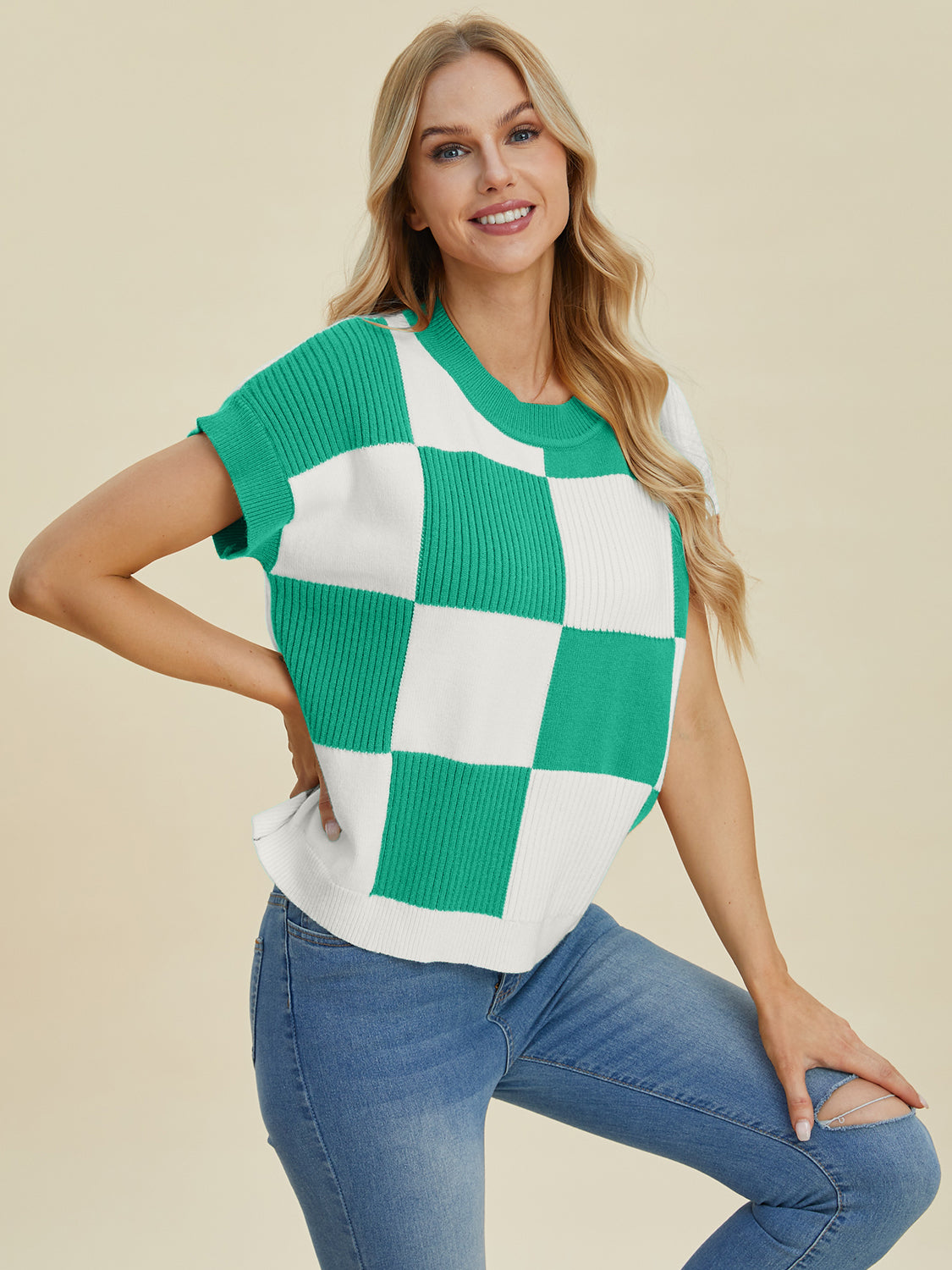 Double Take Full Size Checkered Round Neck Short Sleeve Sweater - Charming Charlie