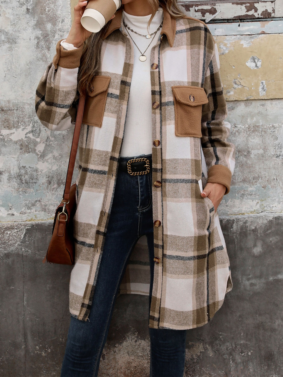 Plaid Button Up Long Sleeve Coat - Charming Charlie