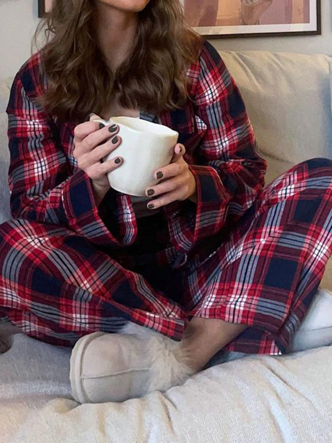 Plaid Collared Neck Button Up Top and Pants Lounge Set - Charming Charlie