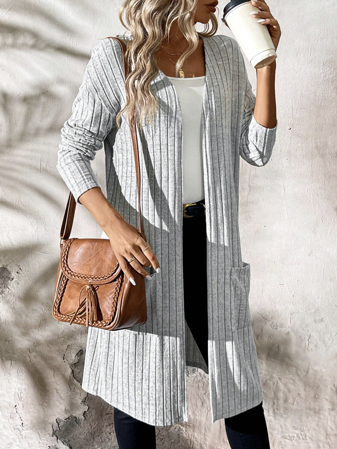Ribbed Open Front Long Sleeve Cardigan with Pockets - Charming Charlie