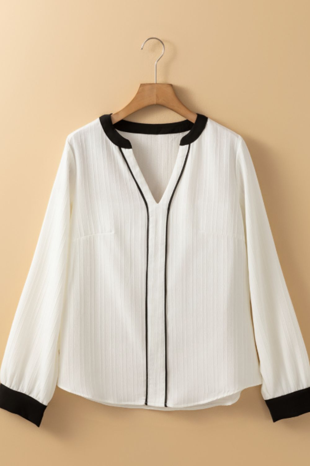Contrast Notched Long Sleeve Blouse - Charming Charlie