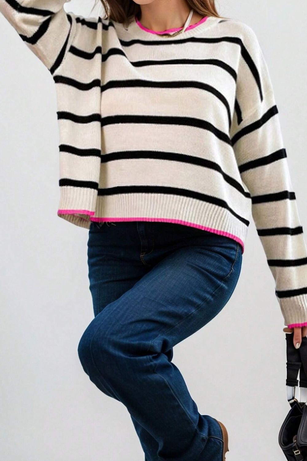 Striped Round Neck Drop Shoulder Sweater - Charming Charlie