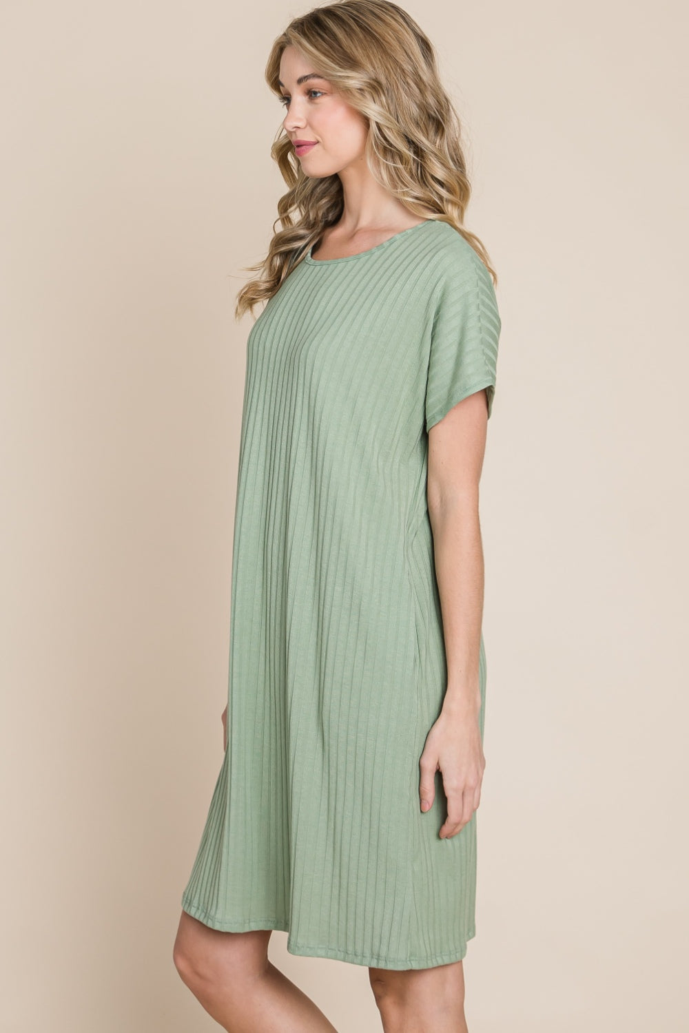 BOMBOM Ribbed Round Neck Short Sleeve Dress - Charming Charlie