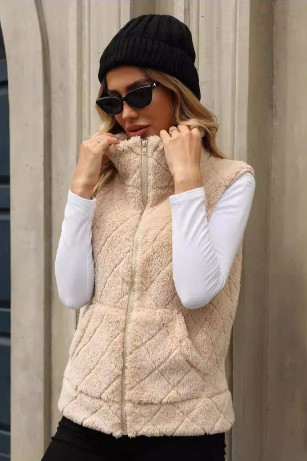 Fuzzy Plaid Texture Zip Up Vest Coat - Charming Charlie