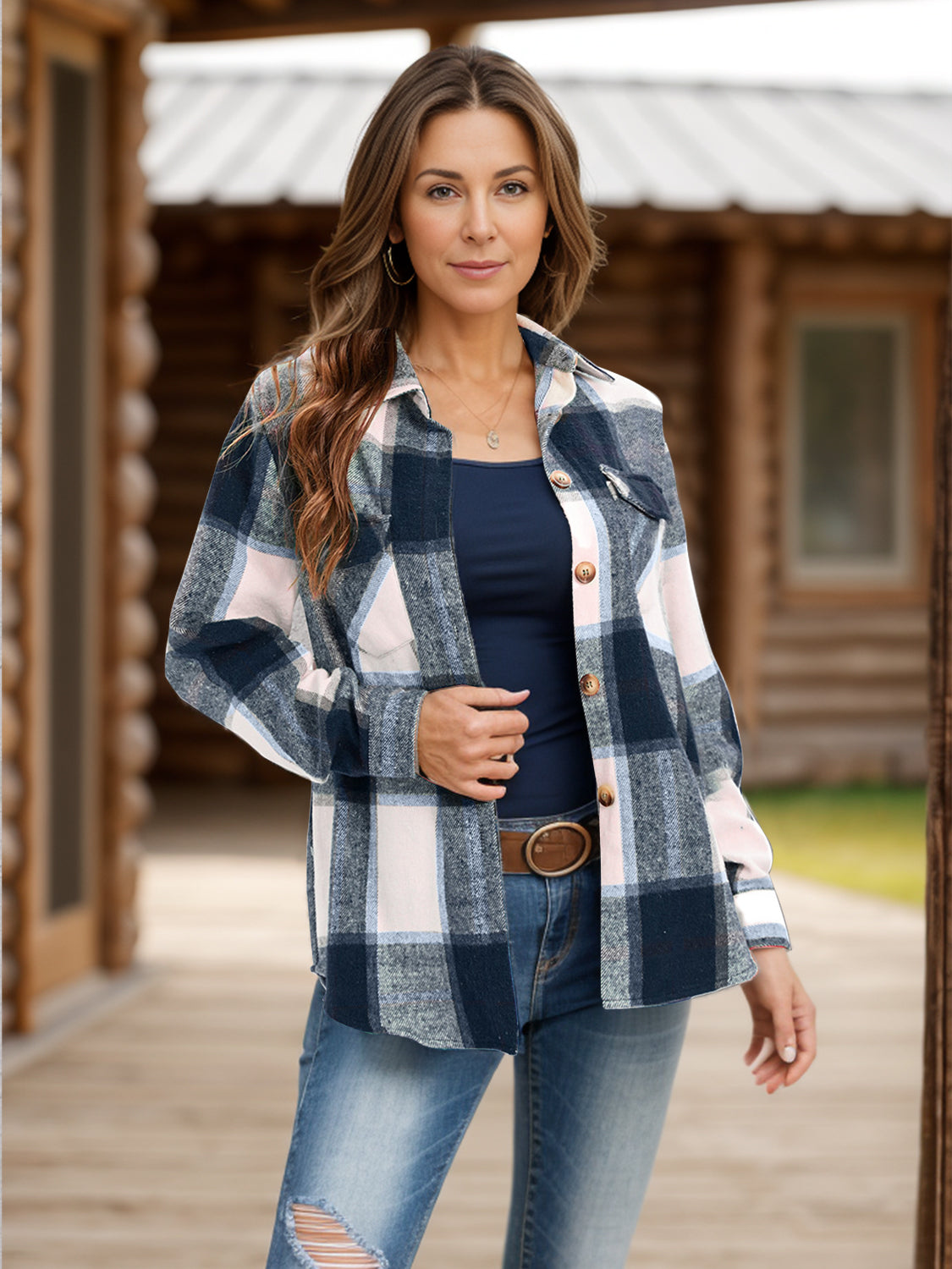 Full Size Pocketed Plaid Collared Neck Shacket - Charming Charlie