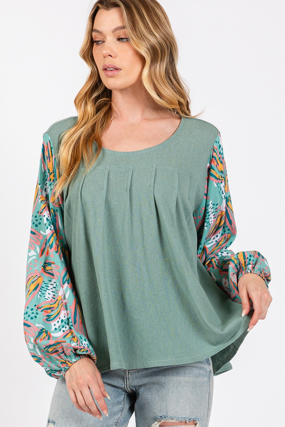 SAGE + FIG Ruched Round Neck Printed Bubble Sleeve Top - Charming Charlie
