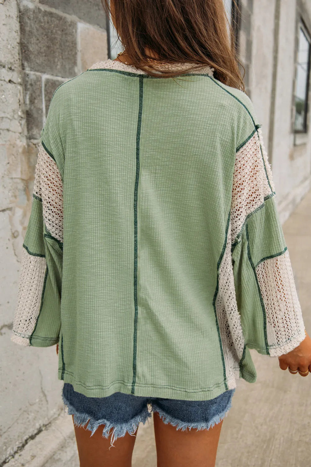 Lace Detail Contrast V-Neck Long Sleeve Blouse - Charming Charlie