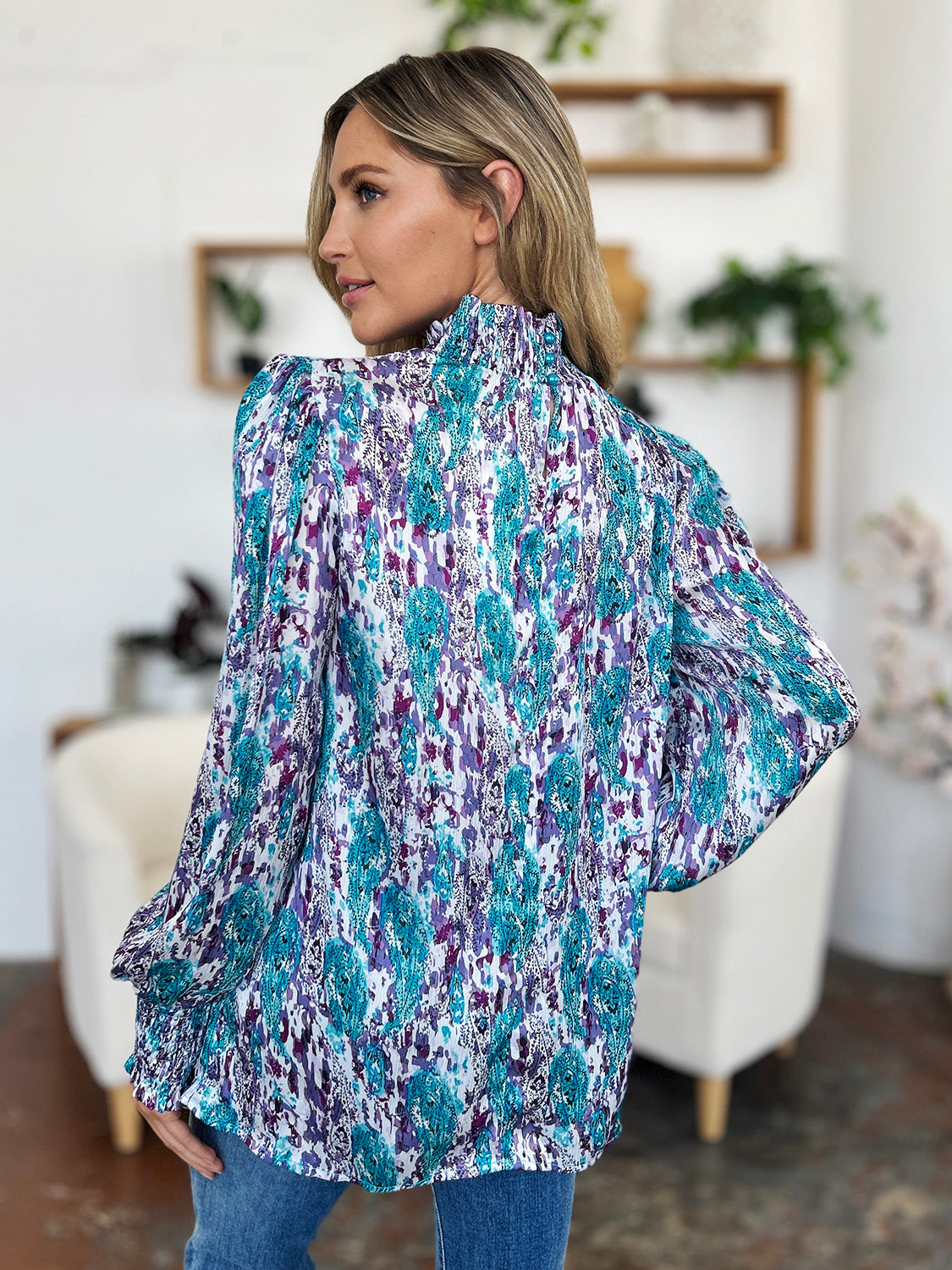 Double Take Full Size Printed Smocked Long Sleeve Blouse - Charming Charlie