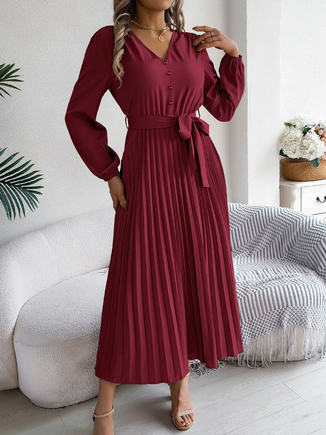 Pleated Tied V-Neck Long Sleeve Dress - Charming Charlie