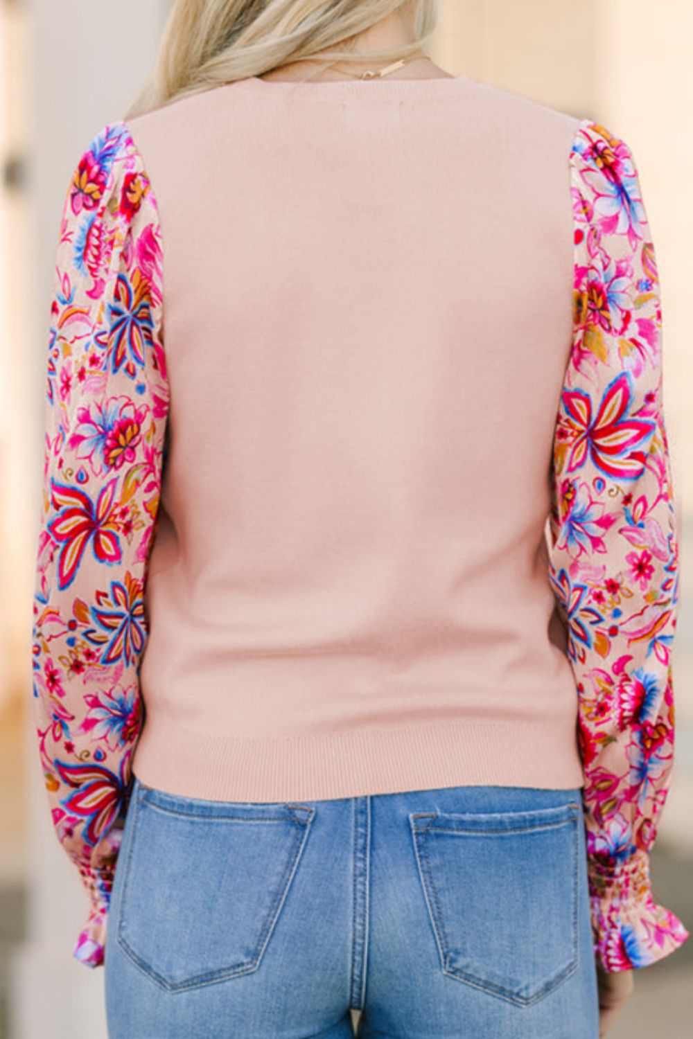 Printed Round Neck Flounce Sleeve Sweater - Charming Charlie