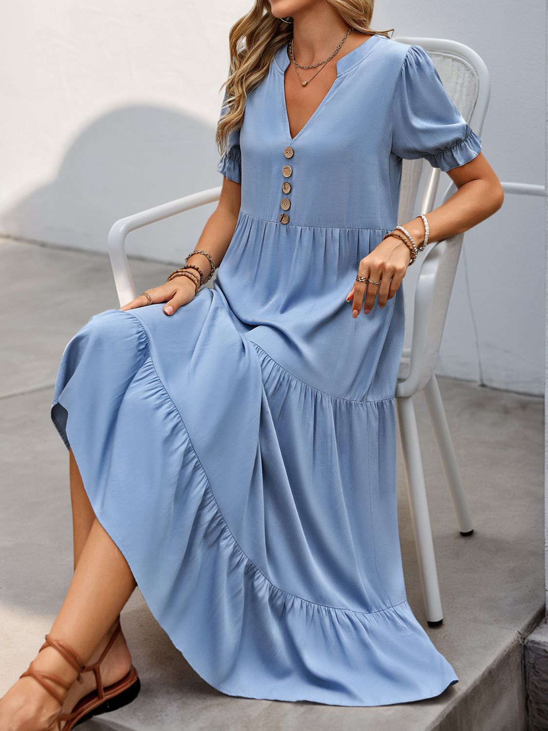 Perfee Decorative Button Notched Short Sleeve Midi Dress - Charming Charlie