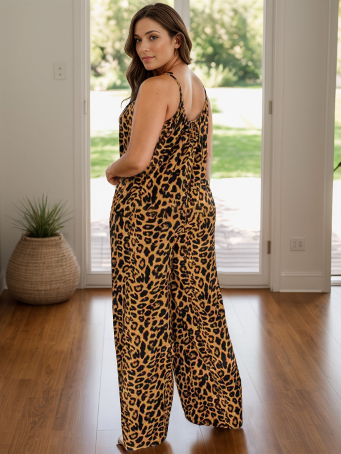 Full Size Leopard Scoop Neck Wide Leg Jumpsuit - Charming Charlie