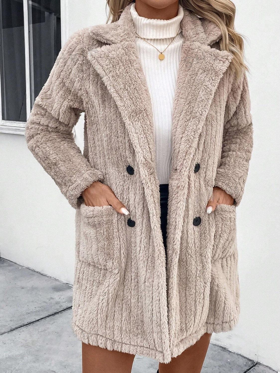 Fuzzy Button Up Long Sleeve Coat with Pockets - Charming Charlie