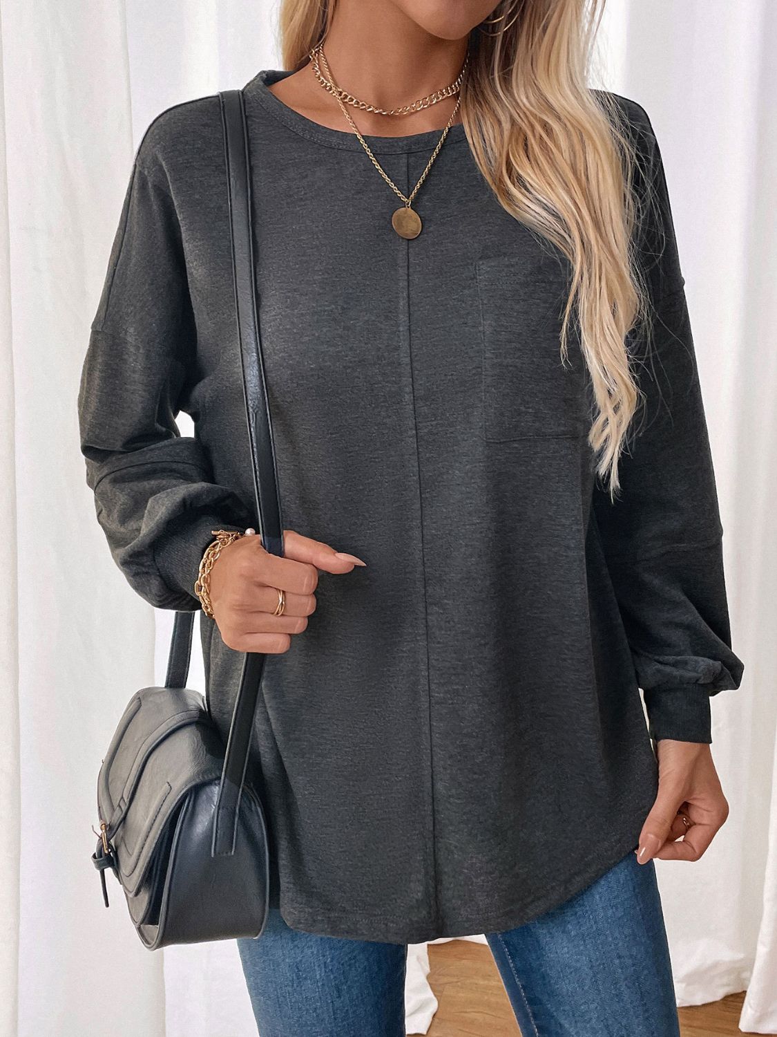 Perfee Pocketed Round Neck Long Sleeve Sweatshirt - Charming Charlie
